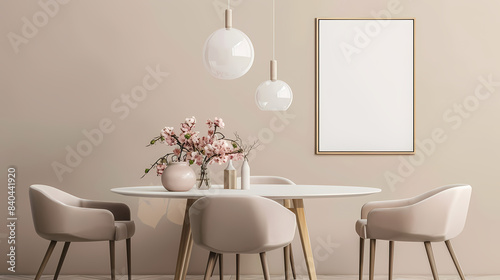 Interior design of minimalist beige dining room with mock up poster, table, stylish chairs, flowers in vase, pendant lamp, decorations and personal accessories. Template. 
