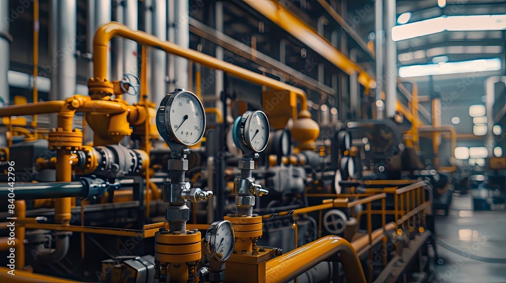 Yellow pipes and gauges stand out in an industrial gas plant, showcasing the intricate details and machinery at work. Yellow pipes and gauges stand out in an industrial gas plant, showcasing the intricate details and machinery at work.