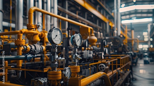 Yellow pipes and gauges stand out in an industrial gas plant, showcasing the intricate details and machinery at work.