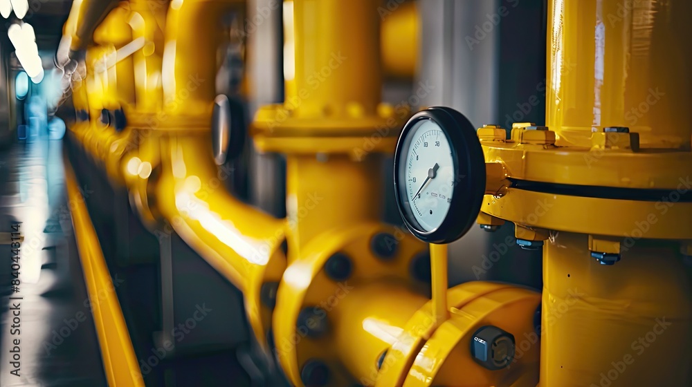 Yellow pipes and gauges stand out in an industrial gas plant, showcasing the intricate details and machinery at work. Yellow pipes and gauges stand out in an industrial gas plant, showcasing the intricate details and machinery at work.