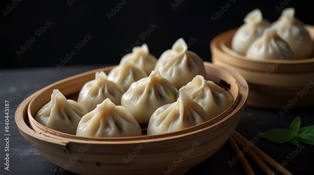 Steamed baozi dumplings in round bamboo steamers on a dark table, close up. Steamed baozi dumplings in round bamboo steamers on a dark table, close up.