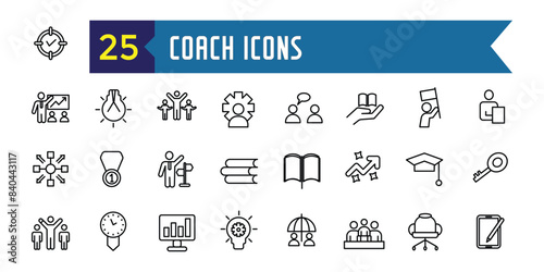 Coach icons set. Outline set of coach vector icons for ui design. Outline icon collection. Editable stroke.