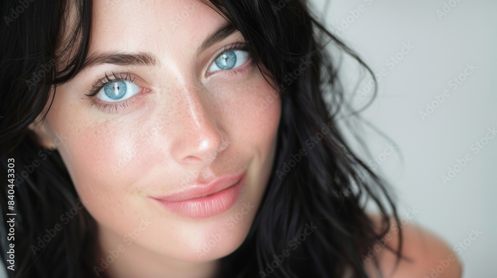 Obraz premium A woman with blue eyes and a black top posing for the camera, AI