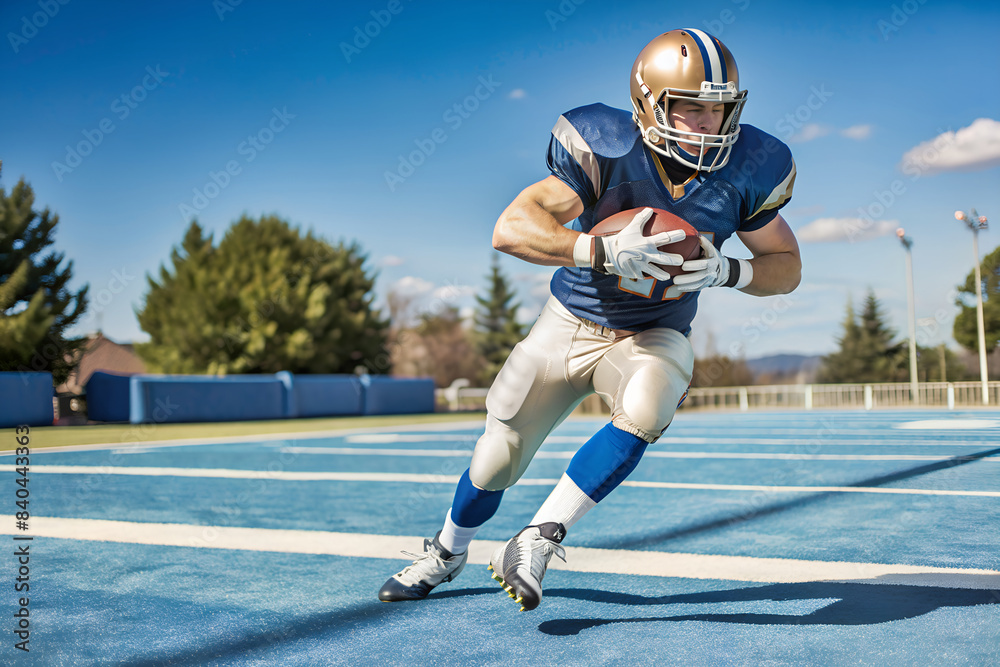 American Football Player Running With The Ball on a Blue Field American Football Player Running With The Ball on a Blue Field