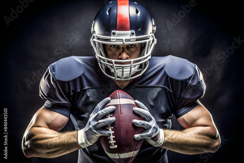 American Football Player Holding Ball In Front of a Dark Background