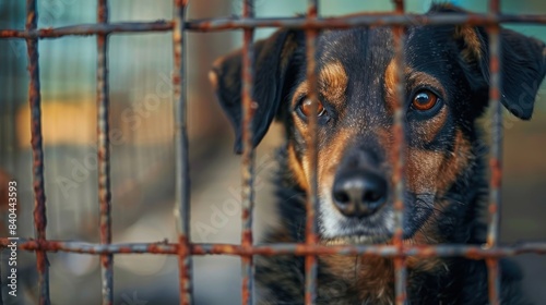 Animal shelter cage with the stray homeless dog. The sad abandoned hungry dog behind an old rusty grid of the cage in shelter animal shelter with abandoned,