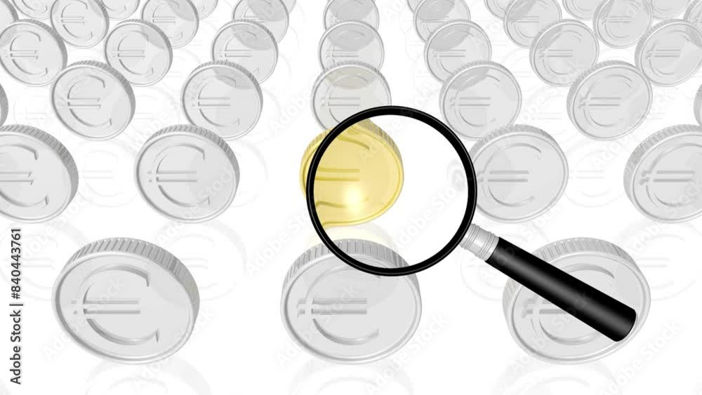 Finanzanalyse, mit einer Lupe wird eine goldene Münze untersucht