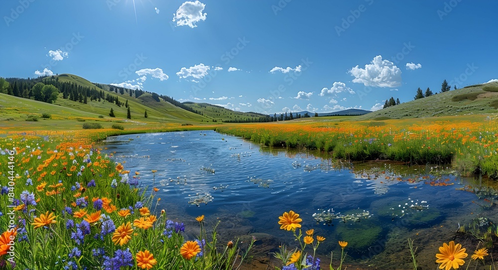 A vibrant nature geyser landscape with wildflowers blooming around the hot springs