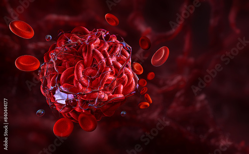 Blood clot in artery, emphasizing thrombosis, coagulation process, red blood cells, fibrin strands. Heart attack, vein disease prevention, diagnosis, treatment in healthcare. Blood clot formation 3D