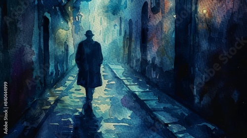 A detective following a trail of clues through a dark alley  mysterious shadows  noir style  watercolor