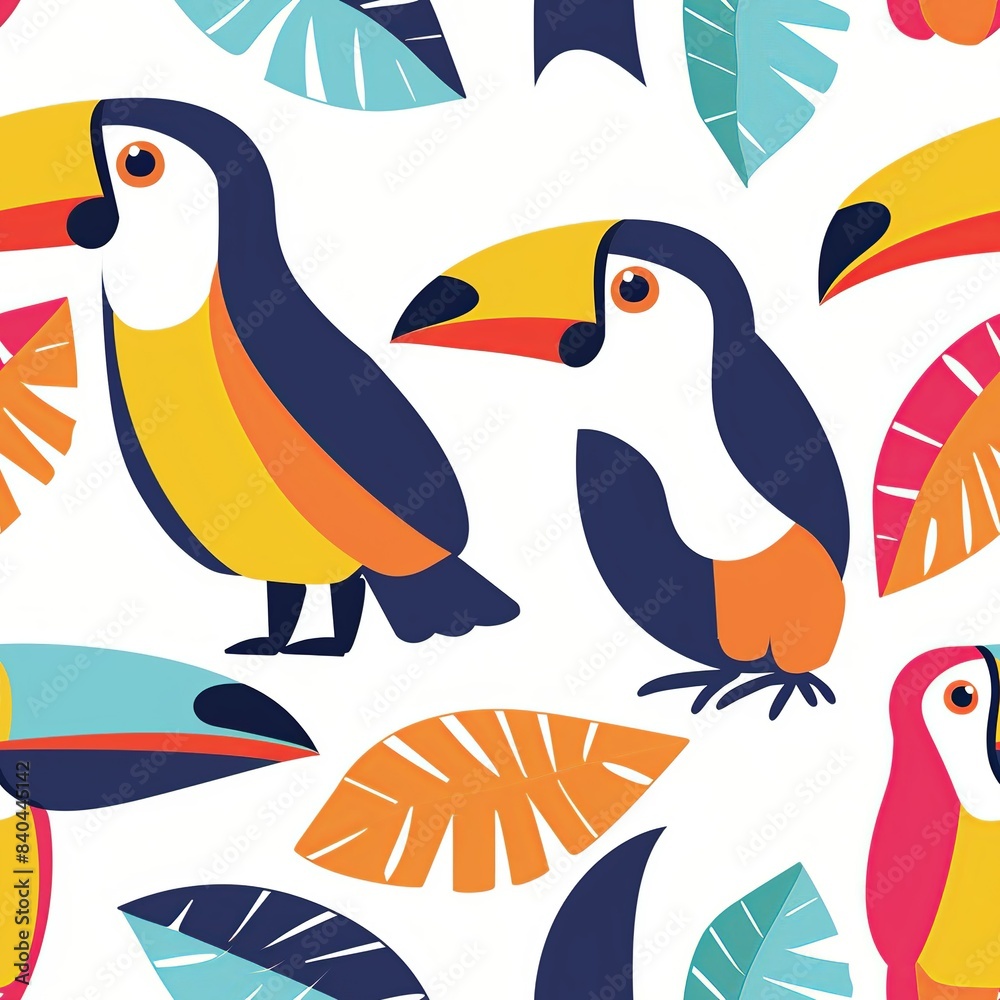 Naklejka premium A child drawing a colorful toucan, with a large, bright beak and vibrant feathers. Minimal pattern banner wallpaper, simple background, Seamless,