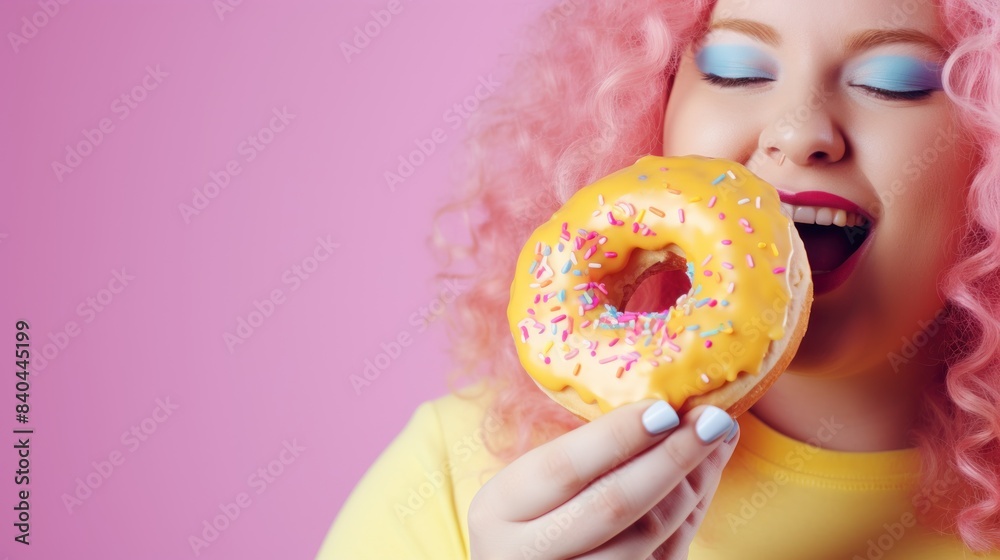 fat women enjoy eating donut, dessert, donut, holding, sweet, fun, women, beauty, cute, young, joyful, hungry, positive, pastry, over weight