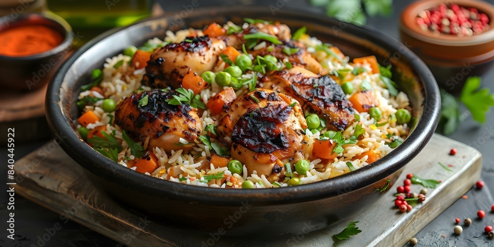 Macro shot of a traditional Iranian chicken and rice biryani dish on a table. Concept Food Photography, Iranian Cuisine, Traditional Dish, Macro Photography, Table Setting Macro shot of a traditional Iranian chicken and rice biryani dish on a table. Concept Food Photography, Iranian Cuisine, Traditional Dish, Macro Photography, Table Setting