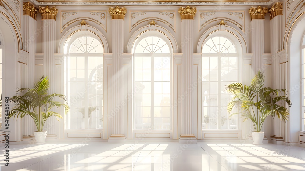 A large white room with three arched windows, adorned in gold accents and surrounded by tall columns. The walls feature an elegant architectural design. A large white room with three arched windows, adorned in gold accents and surrounded by tall columns. The walls feature an elegant architectural design.