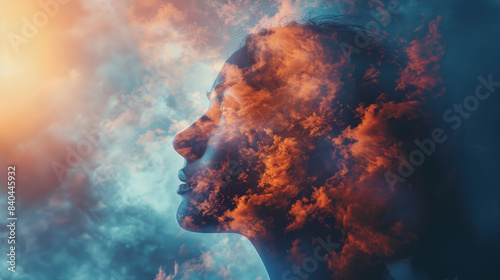 Abstract double exposure image of a silhouette of a woman blended with colorful clouds and sky  representing imagination and creativity.