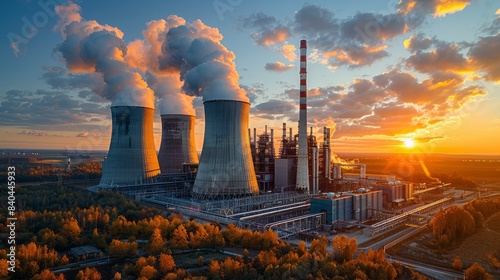 Featuring cooling towers and turbines, this power plant emphasizes industrial energy production. photo