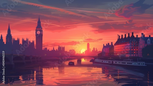 London and river Thames at sunset. Illustration with communication and business icons  network connections concept