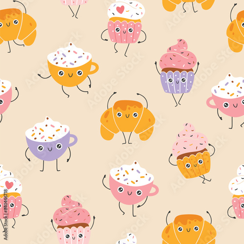 Breakfast sweets and coffee seamless pattern with funny mascot characters. Kawaii cartoon hand drawn doodle in colorful palette. Ideal for baby design, prints, packaging, textiles