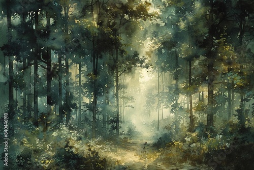 Lush Forest Soft greens and browns  dense foliage  Watercolor  Classic  Tranquil