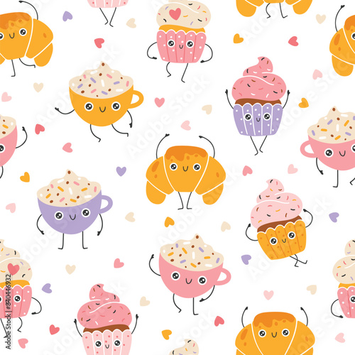Breakfast sweets and coffee seamless pattern with funny mascot characters. Kawaii cartoon hand drawn doodle in colorful palette. Ideal for baby design, prints, packaging, textiles