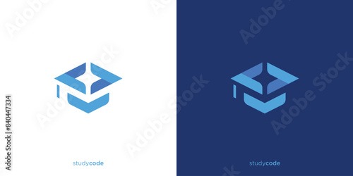 Study Code Logo Designs. Graduation Hat and Code with Modern Style. Education Programming Logo, Icon, Symbol, Vector, Design Template.