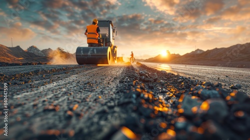 photorealism of Engineers and worker are working on road construction. engineer holding radio communication at road construction site with roller compactor working dust road on during sunset photo