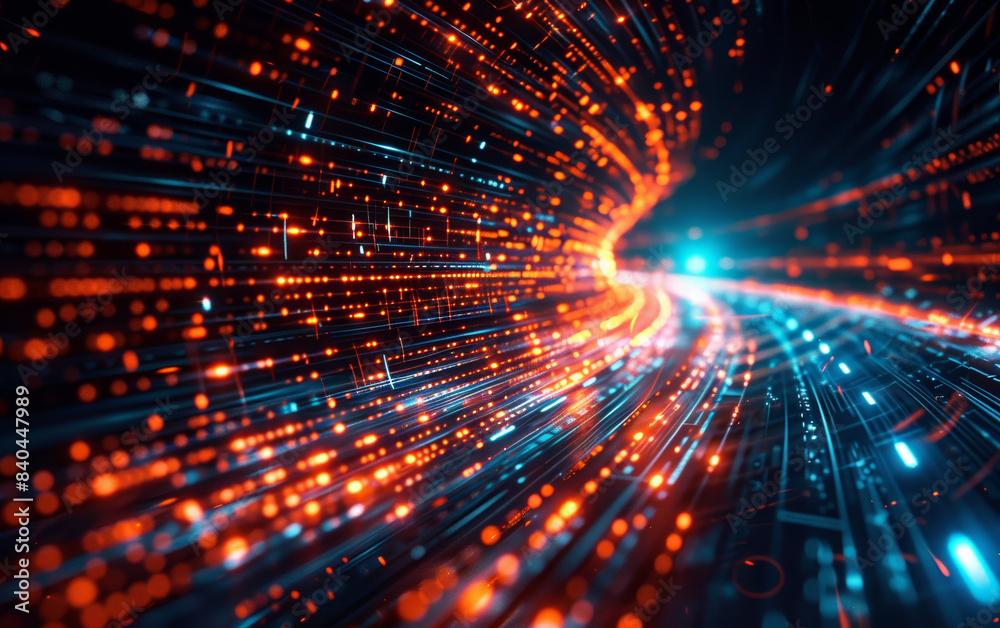 Dynamic abstract representation of data transmission with glowing blue and orange particles forming a futuristic pathway, depicting digital technology. Dynamic abstract representation of data transmission with glowing blue and orange particles forming a futuristic pathway, depicting digital technology.