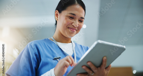 Obraz na płótnie Healthcare, female nurse and tablet for research, medical info or diagnosis results with smile