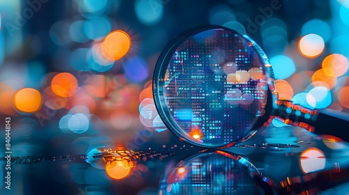 A magnifying glass over an abstract digital stock market graph, with bokeh lights in the background. financial technology innovation and connecting global knowledge to place.