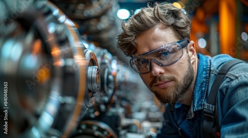 Industrial engineer using augmented reality glasses to inspect machinery, showcasing cutting-edge technology in industry.