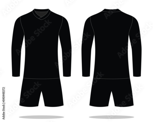 Blank Black Long Sleeve Soccer Uniform Template on White Background. Front and Back Views, Vector File.