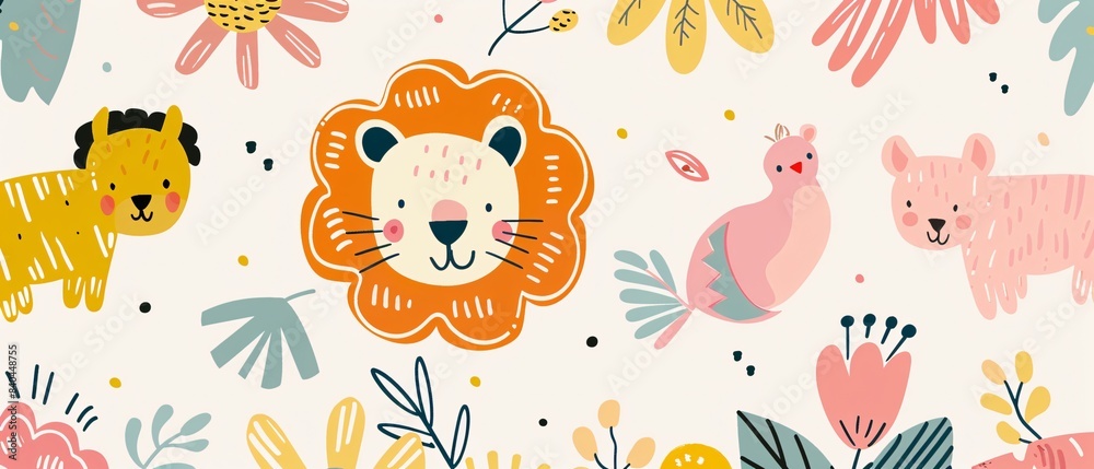 Naklejka premium A colorful drawing of animals and flowers. The animals include a lion, a bird, a bear, and a tiger. The flowers are scattered throughout the image, adding a touch of nature to the scene