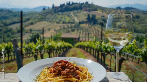 Italian Culinary Bliss: Spaghetti Bolognese Amidst Tuscan Vineyard
 photo