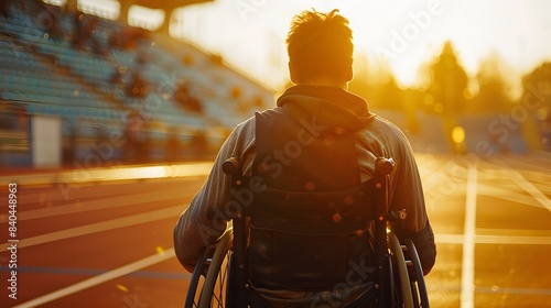A man in a wheelchair at a track and field stadium, a close up shot of his back from behind. In the background there is a blurred view of stands filled with spectators.