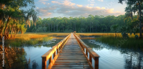 A vibrant nature marsh landscape with a wooden boardwalk extending over the water #840448996