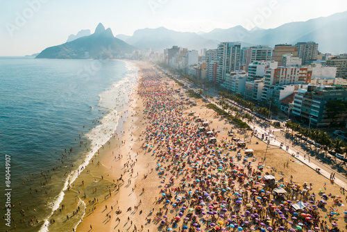 Crowded Ipanema Beach in Rio de Janeiro Aerial View on a Hot Sunny Day photo