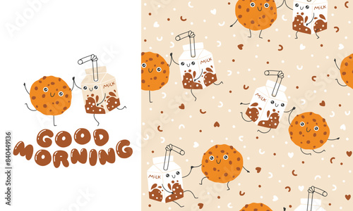Milk and cookies sweets seamless pattern with funny mascot characters. Kawaii cartoon hand drawn doodle in colorful palette. Ideal for baby design, prints, packaging, textiles. Good morning.