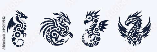 vector illustration, set of round tribal dragon tattoo designs, black and white graphics