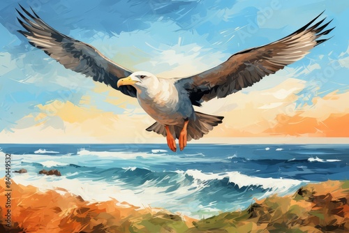 Albatross wingspan over ocean flat design, top view, seabird ecology theme, watercolor, splitcomplementary color scheme photo