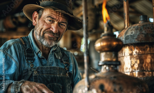 Experienced moonshiner taking a break from working on his still photo