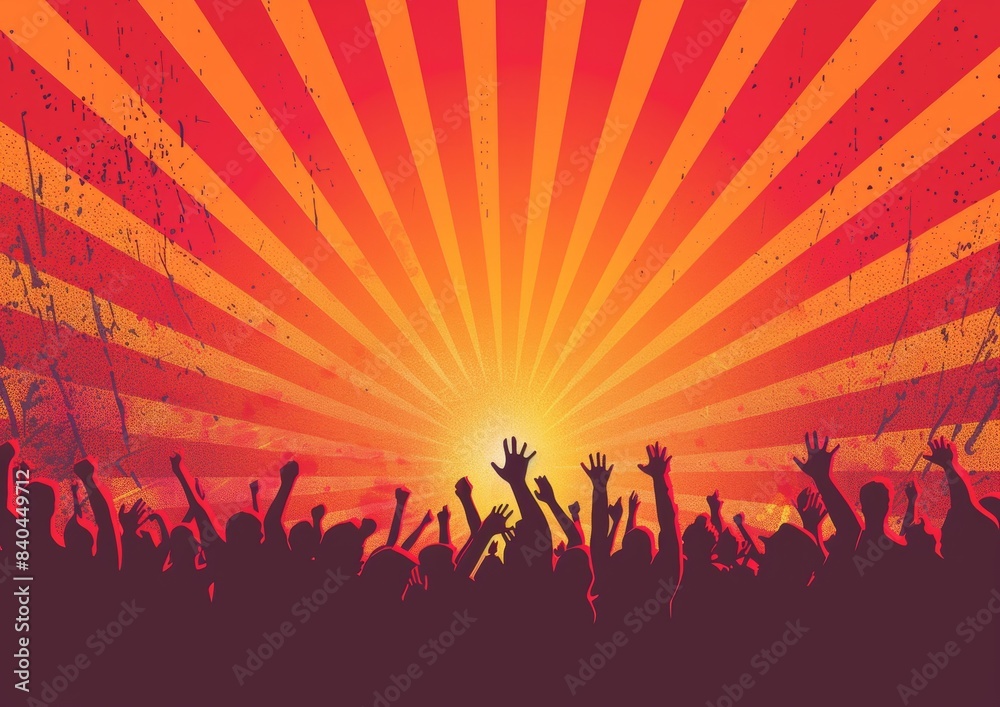A crowd of people are cheering and waving their arms in the air at a concert A crowd of people are cheering and waving their arms in the air at a concert