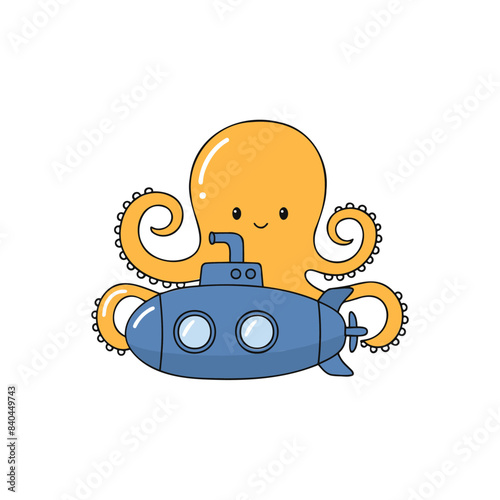 Submarine with an octopus doodle illustration