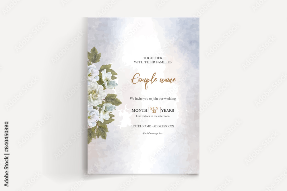 WEDDING INVITATION FRAME WITH FLOWER DECORATIONS AND FRESH LEAVES WEDDING INVITATION FRAME WITH FLOWER DECORATIONS AND FRESH LEAVES