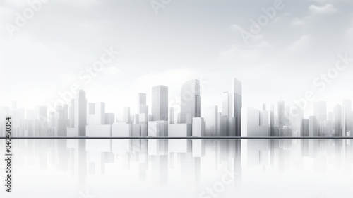 A digital illustration of a city skyline  depicted in a minimalist style with muted grays and a hazy white background. The buildings reflect on a calm water surface