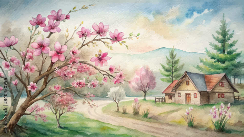 Rustic cherry blossom atmosphere watercolor background Rustic cherry blossom atmosphere watercolor background