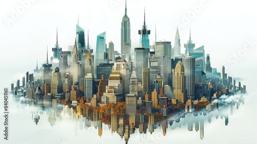 An illustration of a city with numerous skyscrapers seemingly floating on clouds  creating a surreal and magical scene