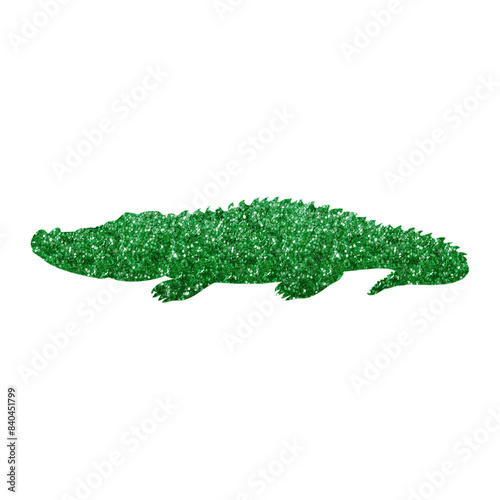 Modern Crocodile Silhouette with Vibrant Green Hexagon Glitter Texture, Transparent Background