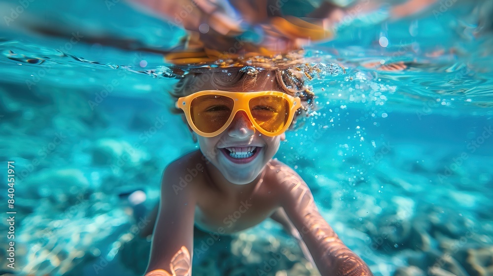 Naklejka premium Laughing kid in sunglasses in the sea, underwater view, blue sky