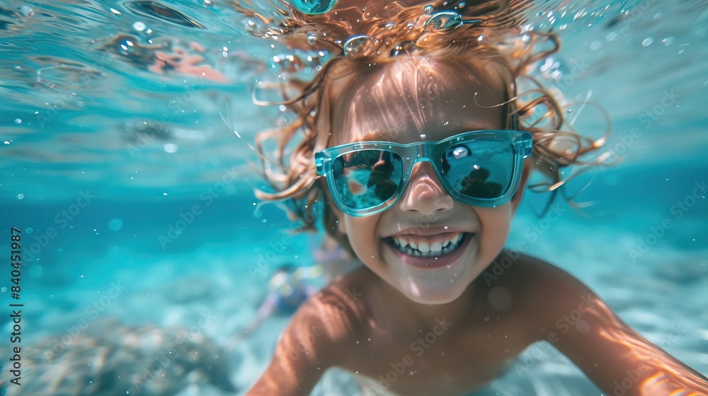 Fototapeta premium Laughing kid in sunglasses in the sea, underwater view, blue sky