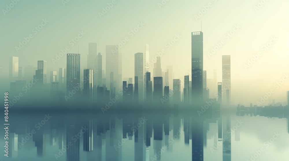 A digital artwork depicting a hazy cityscape with tall skyscrapers reflecting on a calm body of water